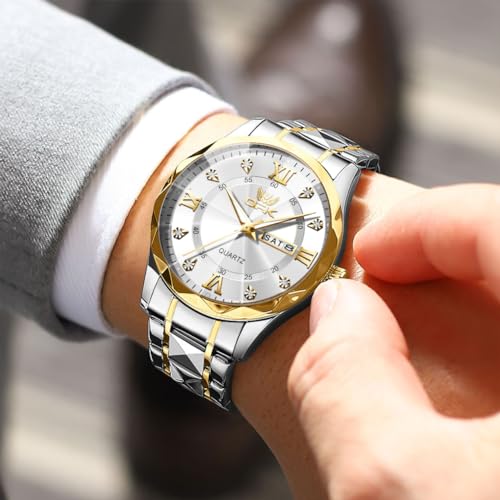OPK Watches for Men White Gold Diamond Roman Analog Mens Watches Waterproof Large Stainless Steel Men Wrist Watch Business Father Gift Watch - Image 2