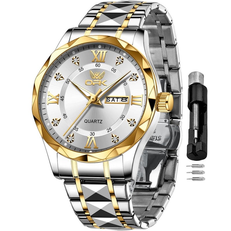 OPK Watches for Men White Gold Diamond Roman Analog Mens Watches Waterproof Large Stainless Steel Men Wrist Watch Business Father Gift Watch - Image 1