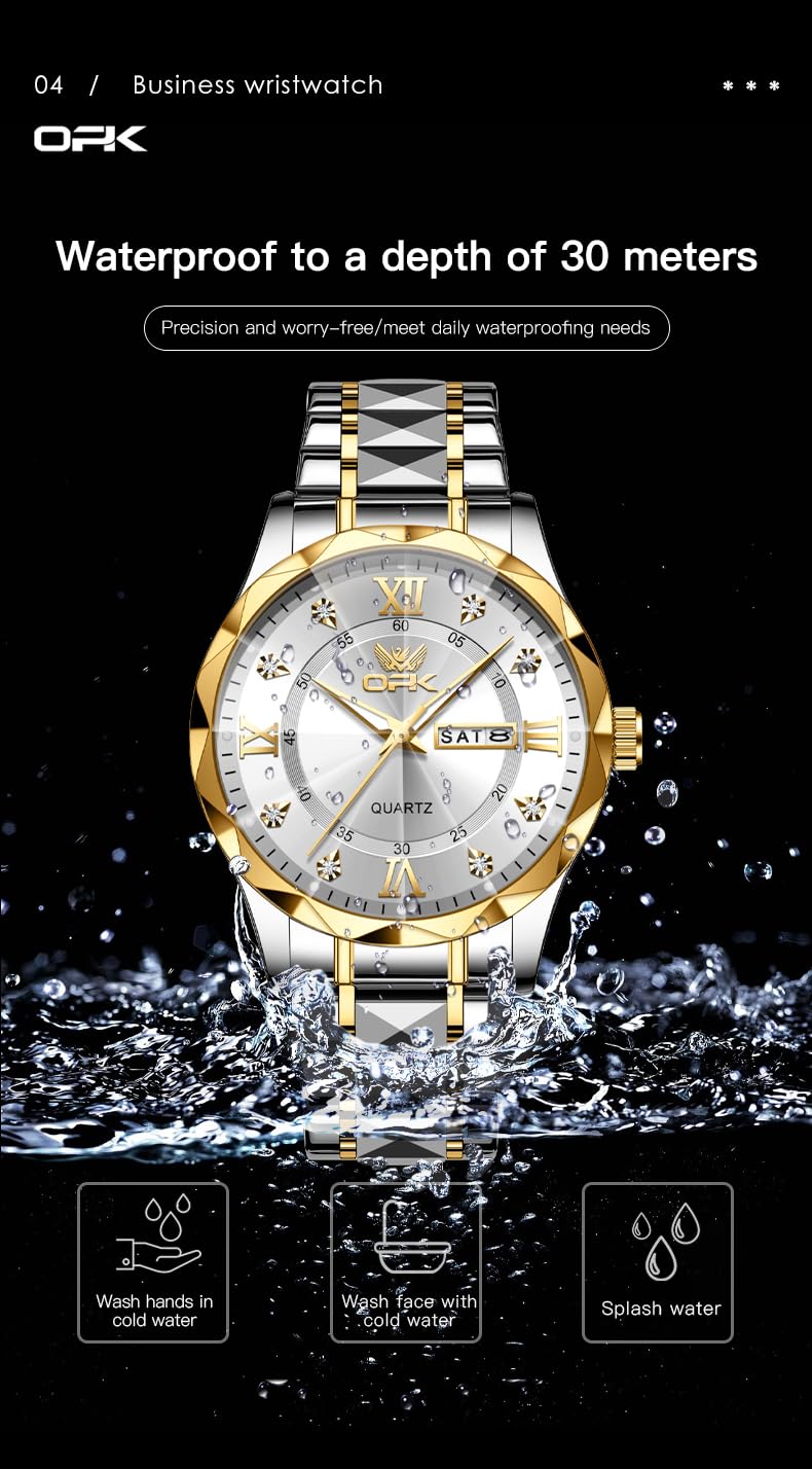 OPK Watches for Men White Gold Diamond Roman Analog Mens Watches Waterproof Large Stainless Steel Men Wrist Watch Business Father Gift Watch - Image 4