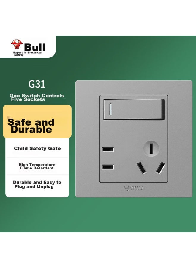 Bull Switch Socket G31 Series, Single-pole Single-control Five-hole Socket With Switch, 86-type Panel, G31e333, Gray - Image 1