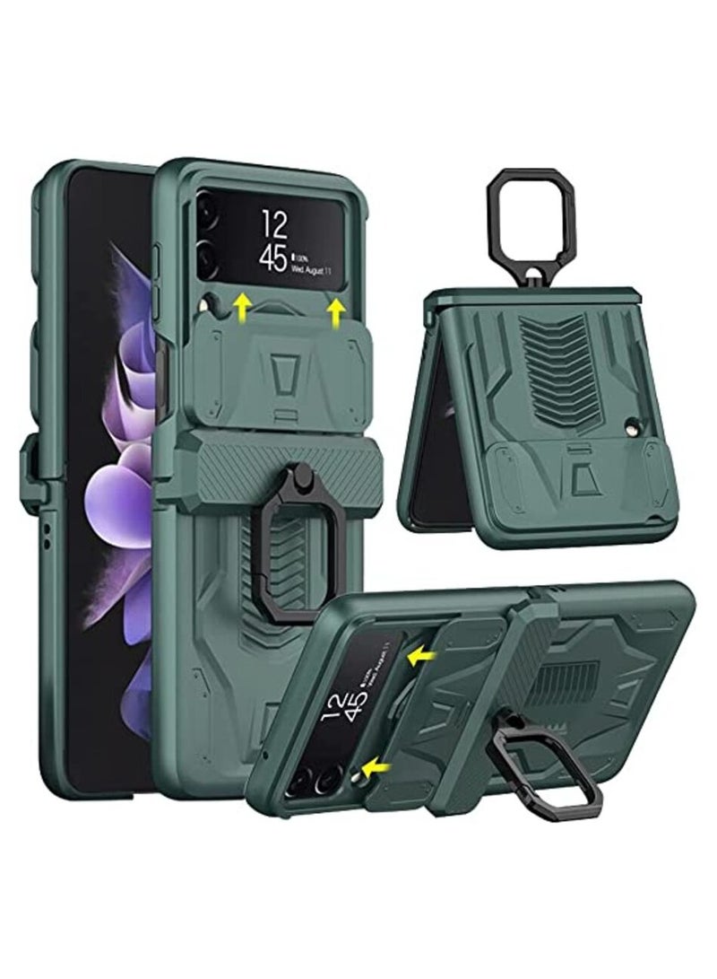 جولدن ماسك لموبايل سامسونج Z فليب 4 بتصميم عسكري مع عدسة منزلقة مع حلقة - (اخضر) - Image 1