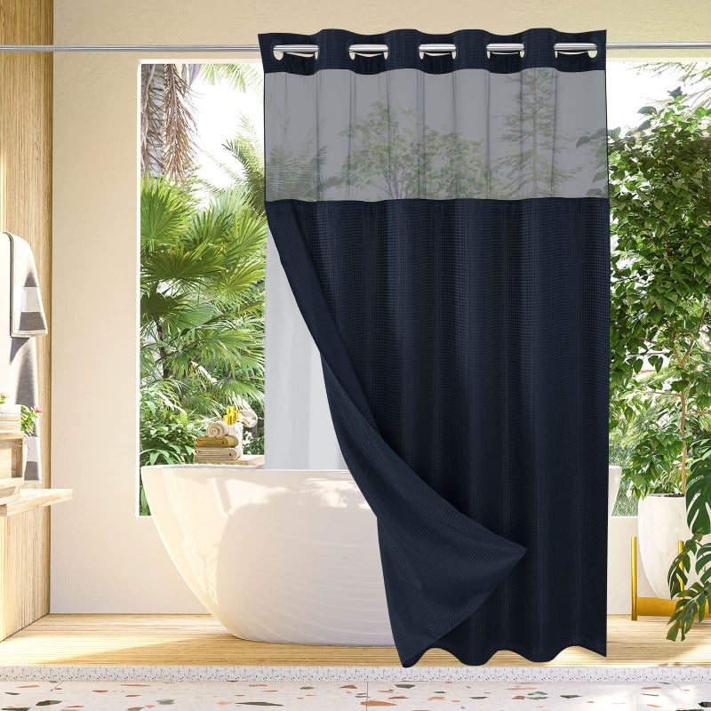 Gibelle Long Shower Curtain 72x80  Waffle Weave Bathroom Shower Curtain with Snap-in Fabric Liner Set  No Hooks Needed  Hotel Style with Mesh Top Window  Navy Blue - Image 1