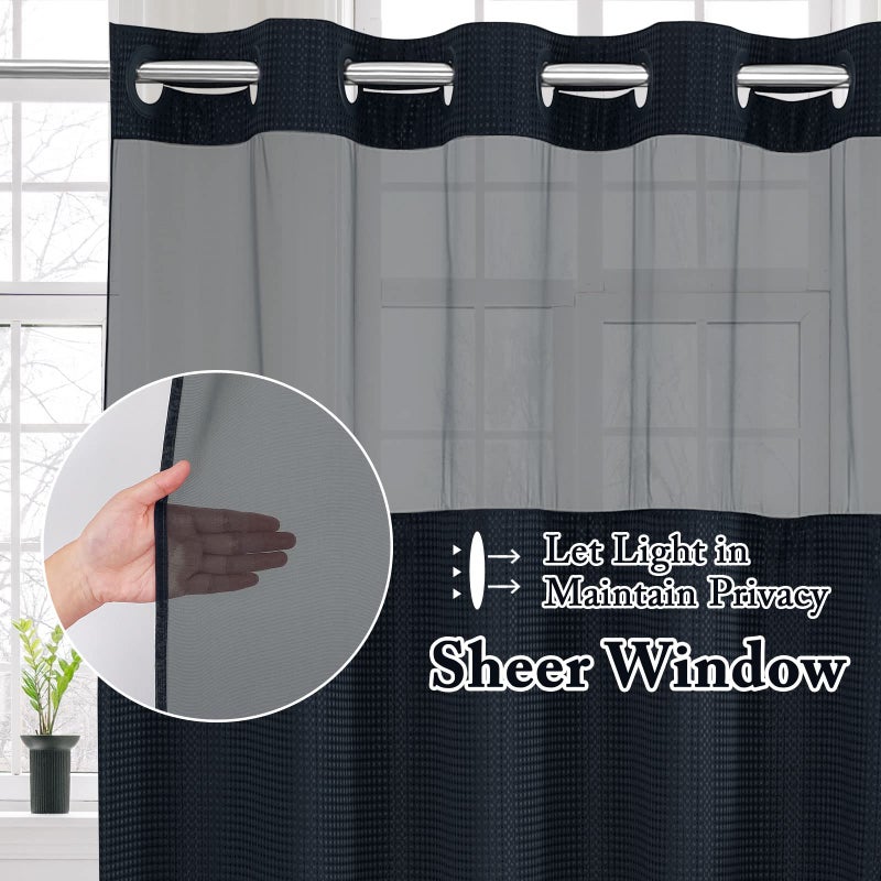 Gibelle Long Shower Curtain 72x80  Waffle Weave Bathroom Shower Curtain with Snap-in Fabric Liner Set  No Hooks Needed  Hotel Style with Mesh Top Window  Navy Blue - Image 2