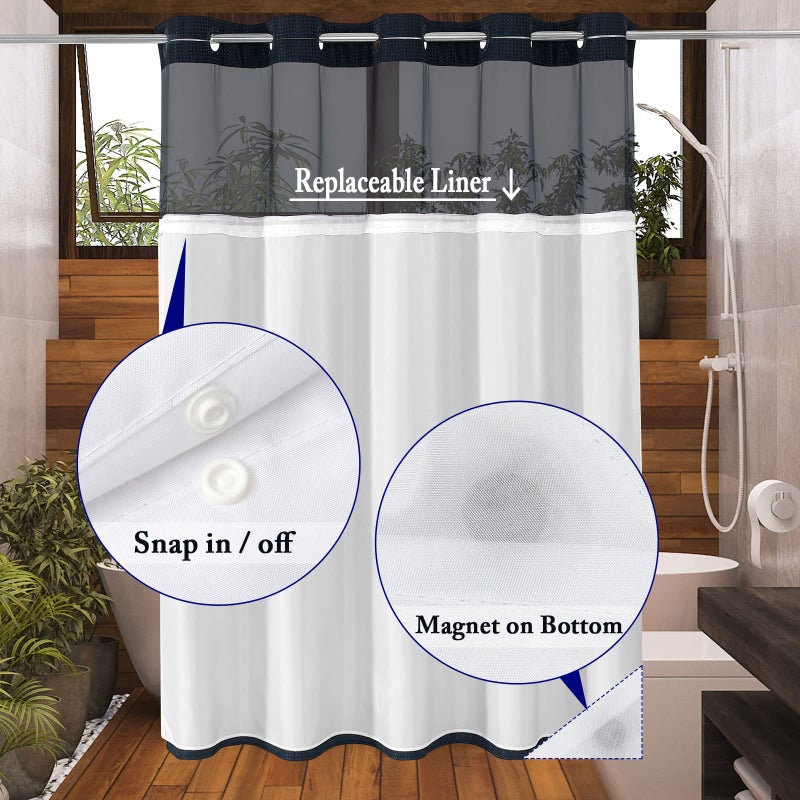 Gibelle Long Shower Curtain 72x80  Waffle Weave Bathroom Shower Curtain with Snap-in Fabric Liner Set  No Hooks Needed  Hotel Style with Mesh Top Window  Navy Blue - Image 3