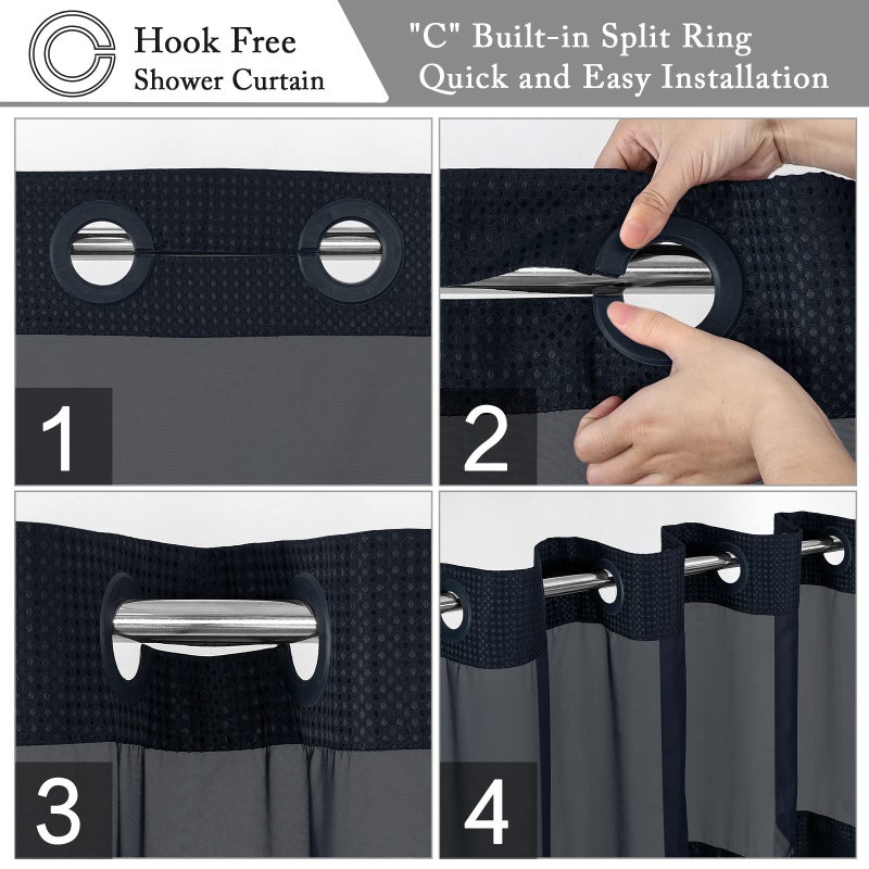 Gibelle Long Shower Curtain 72x80  Waffle Weave Bathroom Shower Curtain with Snap-in Fabric Liner Set  No Hooks Needed  Hotel Style with Mesh Top Window  Navy Blue - Image 4