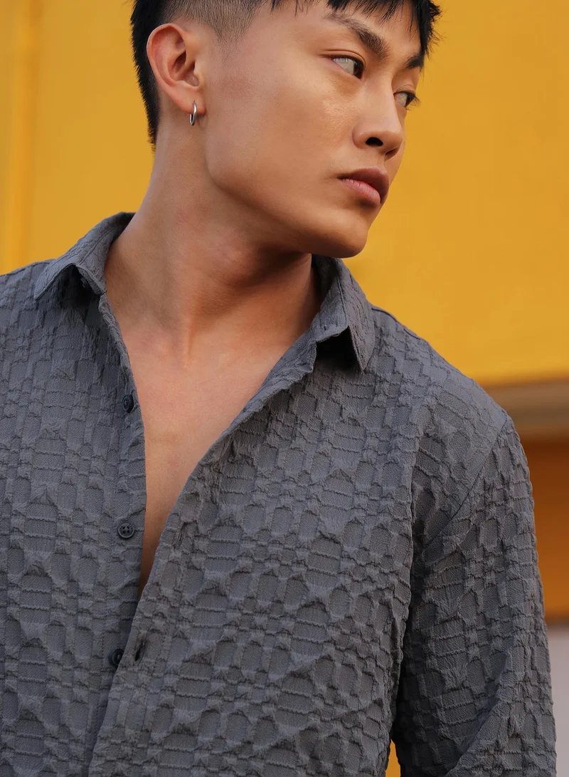 Campus Sutra Men's Charcoal Grey Embossed Geometric Shirt