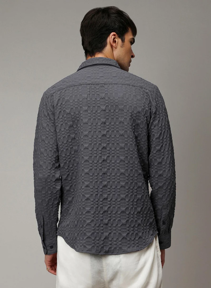 Campus Sutra Men's Charcoal Grey Embossed Geometric Shirt