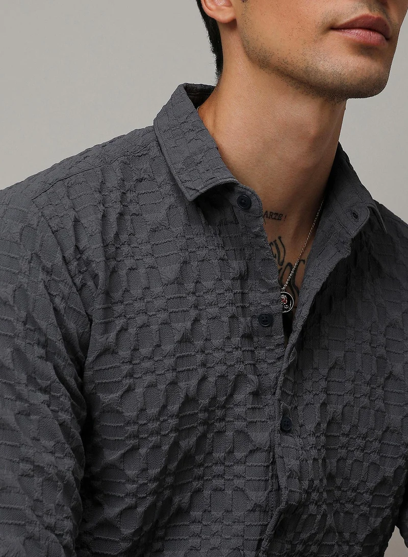 Campus Sutra Men's Charcoal Grey Embossed Geometric Shirt