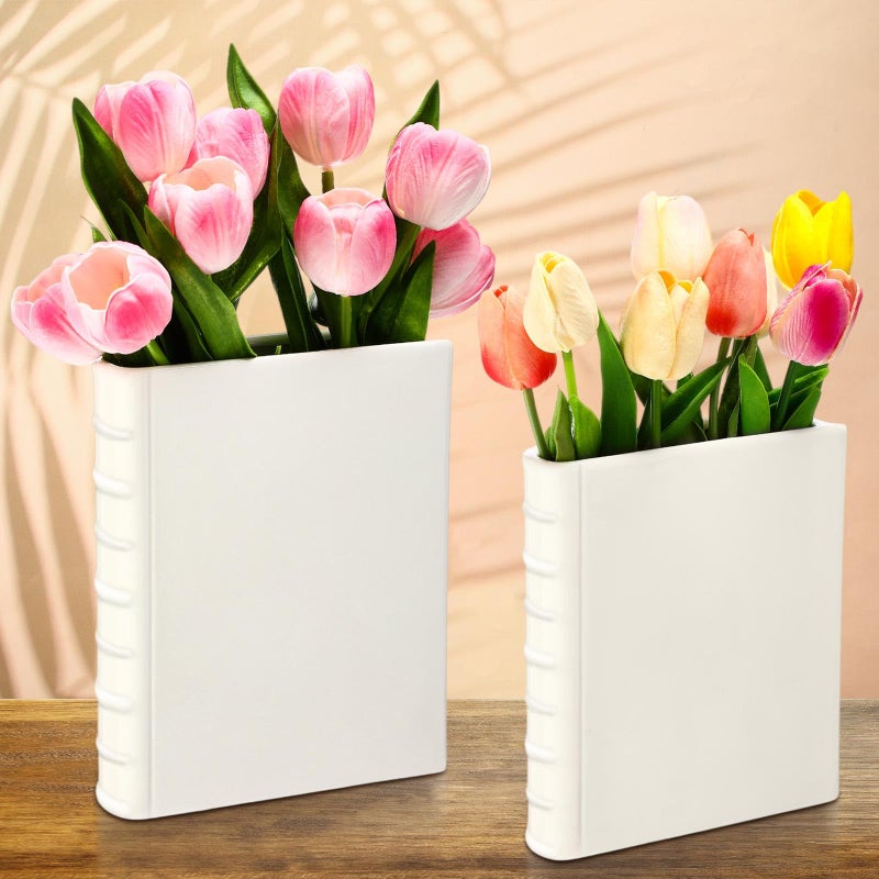 Vesici 2 Pcs Ceramic Book Shape Vase for Flowers Gifts for Christmas Cute Bookshelf Decor Vase for Book Lovers Gifts Unique Vases Home Decor for Bookshelf Dining Table Office Home(White) - Image 1