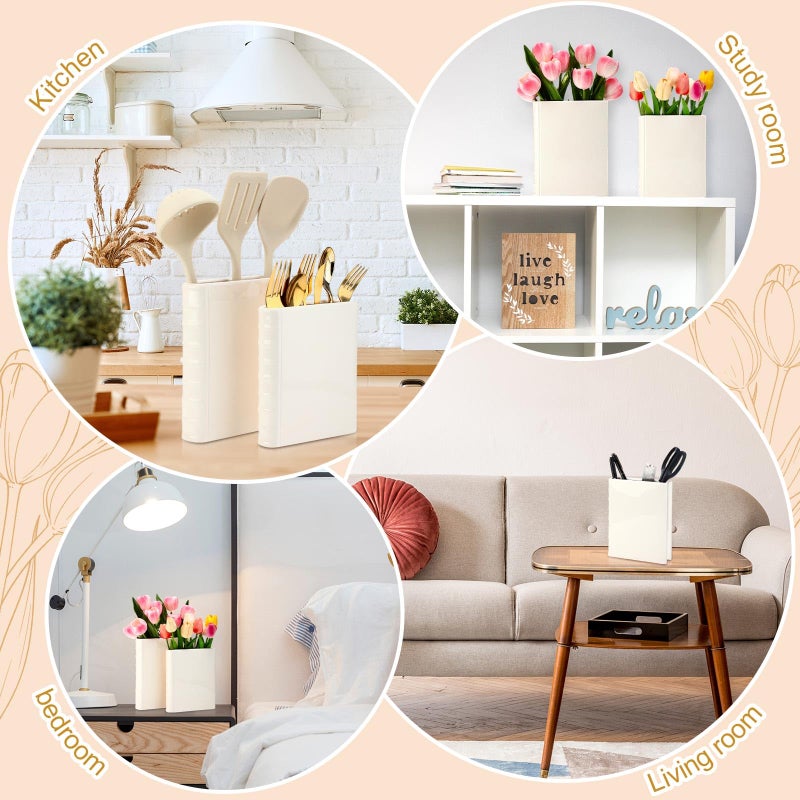 Vesici 2 Pcs Ceramic Book Shape Vase for Flowers Gifts for Christmas Cute Bookshelf Decor Vase for Book Lovers Gifts Unique Vases Home Decor for Bookshelf Dining Table Office Home(White) - Image 5