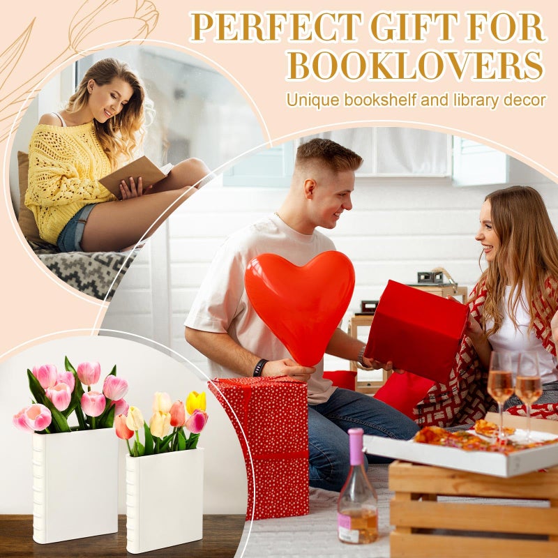 Vesici 2 Pcs Ceramic Book Shape Vase for Flowers Gifts for Christmas Cute Bookshelf Decor Vase for Book Lovers Gifts Unique Vases Home Decor for Bookshelf Dining Table Office Home(White) - Image 4