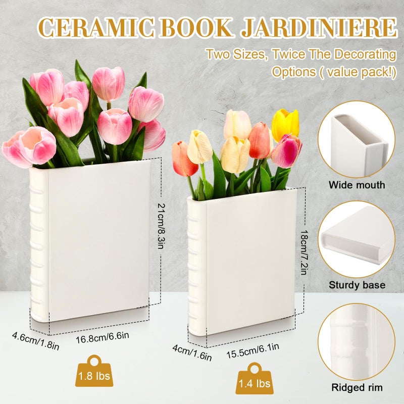 Vesici 2 Pcs Ceramic Book Shape Vase for Flowers Gifts for Christmas Cute Bookshelf Decor Vase for Book Lovers Gifts Unique Vases Home Decor for Bookshelf Dining Table Office Home(White) - Image 2
