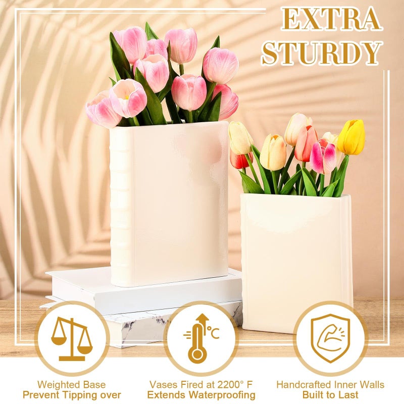 Vesici 2 Pcs Ceramic Book Shape Vase for Flowers Gifts for Christmas Cute Bookshelf Decor Vase for Book Lovers Gifts Unique Vases Home Decor for Bookshelf Dining Table Office Home(White) - Image 3