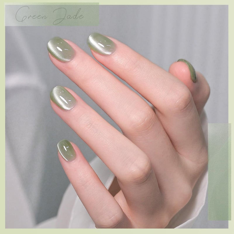 GAOY Green Glassy Cat Eye Gel Nail Polish, 16ml Glitter Holographic Nail Polish with Magnet, Reflective Translucent UV Gel, 2335 Green Jade - Image 3