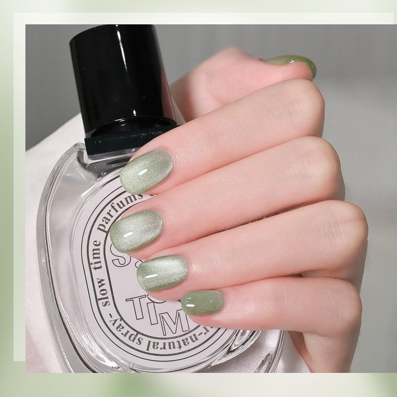 GAOY Green Glassy Cat Eye Gel Nail Polish, 16ml Glitter Holographic Nail Polish with Magnet, Reflective Translucent UV Gel, 2335 Green Jade - Image 4