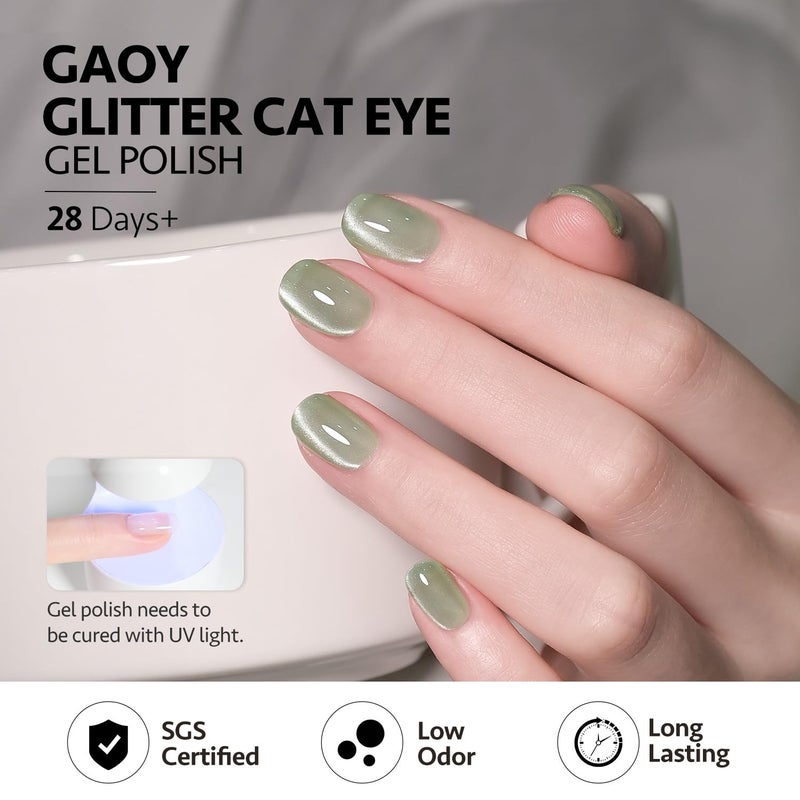 GAOY Green Glassy Cat Eye Gel Nail Polish, 16ml Glitter Holographic Nail Polish with Magnet, Reflective Translucent UV Gel, 2335 Green Jade - Image 5