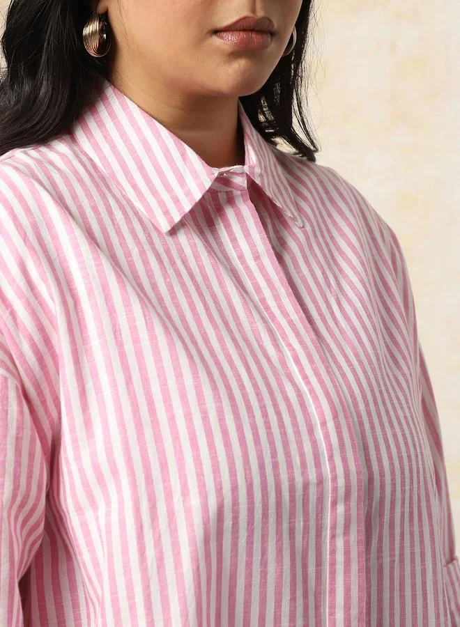 HIGH STAR Women Oversized Fit Opaque Casual Cotton Striped Shirt