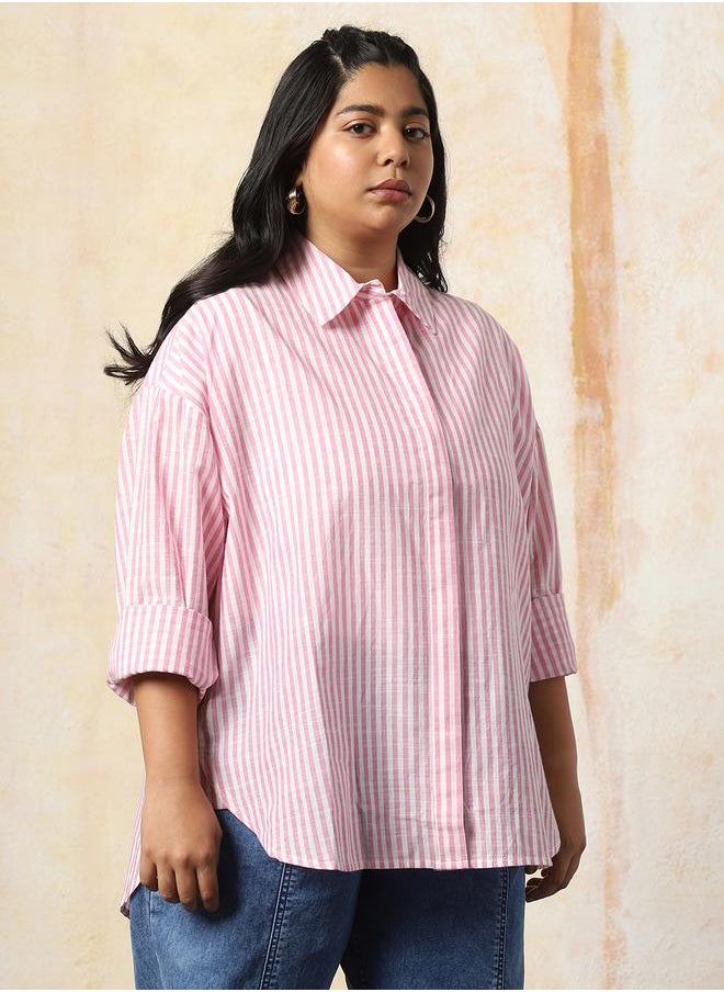 HIGH STAR - Women Shirts in Pink featuring Oversized fit with a strip pattern, spread collar collar, collar neckline, full sleeve, secured with button closure, crafted from 100% cotton – an essential addition to your stylish collection. - Image 1
