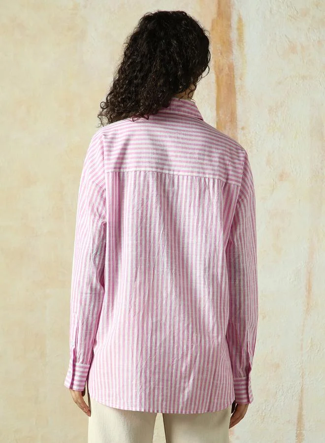 HIGH STAR Women's Pink 100% Cotton Striped Longline Oversized Shirt