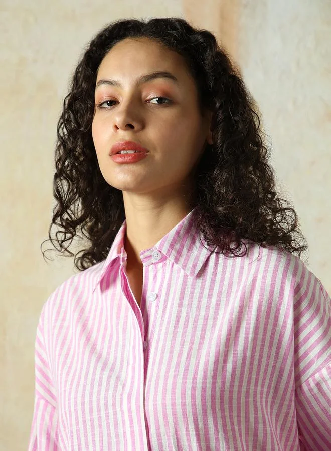 HIGH STAR Women's Pink 100% Cotton Striped Longline Oversized Shirt