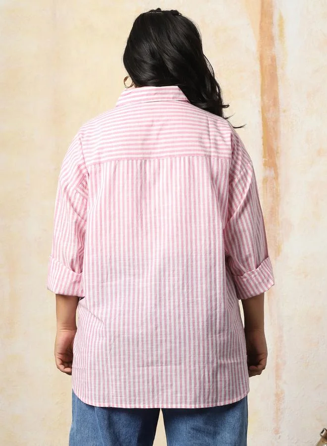 HIGH STAR Women Oversized Fit Opaque Casual Cotton Striped Shirt