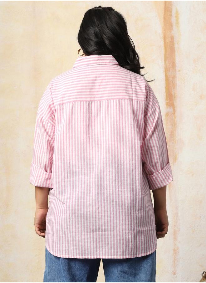 HIGH STAR - Women Shirts in Pink featuring Oversized fit with a strip pattern, spread collar collar, collar neckline, full sleeve, secured with button closure, crafted from 100% cotton – an essential addition to your stylish collection. - Image 1