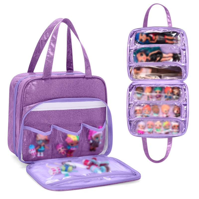 LoDrid Doll Tote Carrying Case Compatible with LOL Surprise Dolls All Hanging Organizer Storage Bag with 6 Clear Window Pockets for Girls Bag Only PurplePatent Design - Image 2