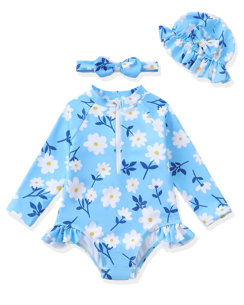 Yhnslsf Baby Swimsuit Girl 12-18 Months Toddler Bathing Suit Girl Blue Daisy Ruffle Long Sleeve One-Piece Zipper Rash Guard Swimwear with Hat Toddler Swimsuit Girls 18 Month Summer Beach Essentials - Image 1