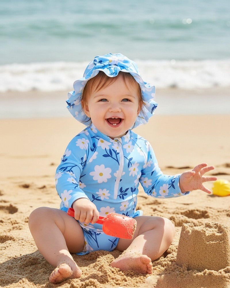 Yhnslsf Baby Swimsuit Girl 12-18 Months Toddler Bathing Suit Girl Blue Daisy Ruffle Long Sleeve One-Piece Zipper Rash Guard Swimwear with Hat Toddler Swimsuit Girls 18 Month Summer Beach Essentials - Image 2