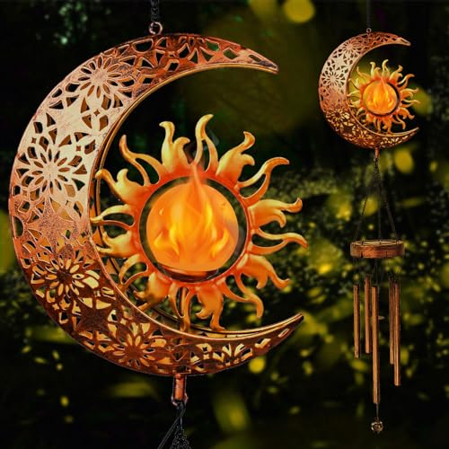 Kelvinlux Solar Sun Moon Wind Chimes Outdoor Waterproof Wind Bells Light with Crackle Glass Ball for Outside Clearance Unique Gifts for Women Girls Yard Garden Party Decor - Image 1