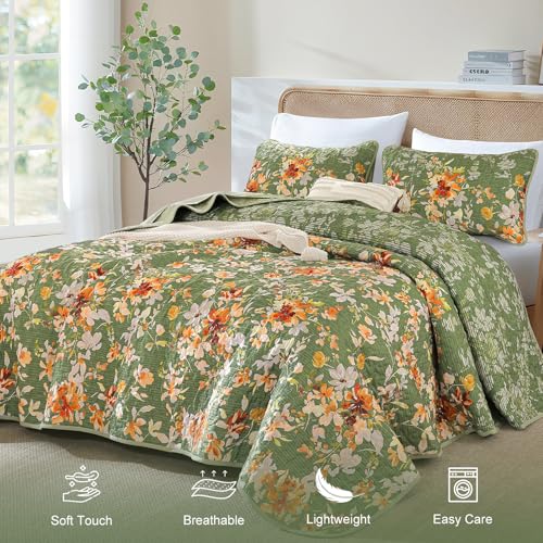 Dobuyly Green Floral Quilt Set Queen Size Botanical Flowers Bedspreads Coverlet Set 3 Pieces Soft Lightweight Microfiber Quilt Bedding Set for All Seasons 96x90 - Image 3