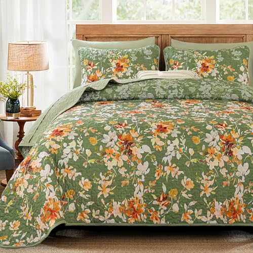 Dobuyly Green Floral Quilt Set Queen Size Botanical Flowers Bedspreads Coverlet Set 3 Pieces Soft Lightweight Microfiber Quilt Bedding Set for All Seasons 96x90 - Image 1