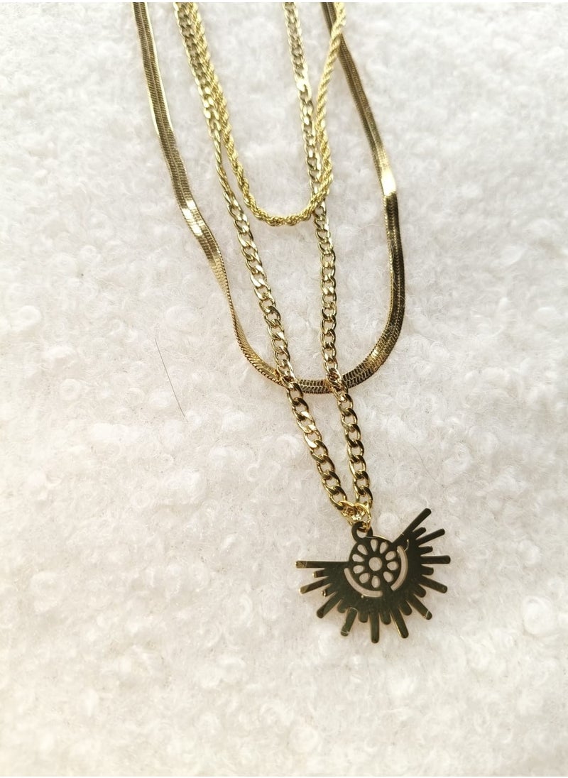 Generic 3-Layer Stainless Steel Half Sun Pendant Necklace - Distinctive and Elegant Design  - Image 1