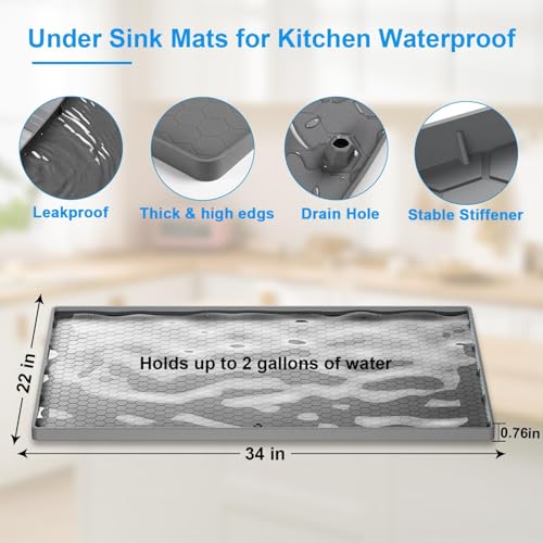 REDMART Under Sink Mat for Kitchen Waterproof (34x22 Inch) - Flexible Silicone Cabinet Liner Tray - Holds 2 Gallons Liquid, Leak Proof Protection for Bathroom Vanity & Drips (Grey) - Image 2