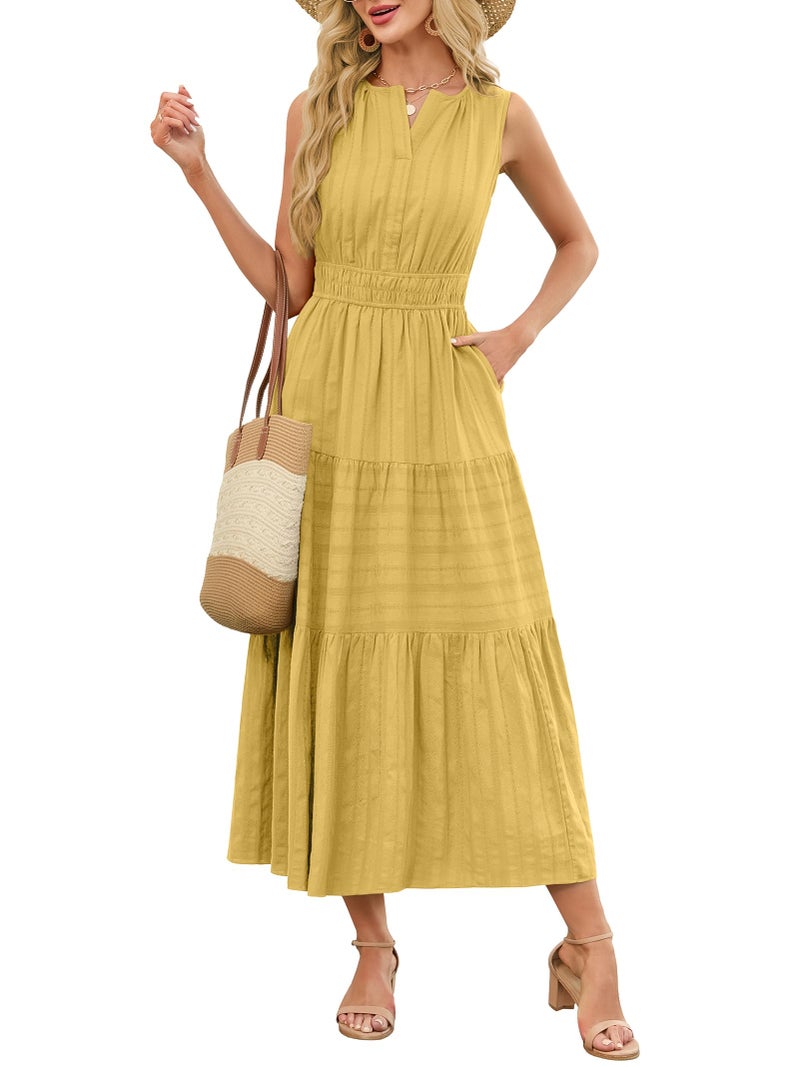 Funlingo Maxi Dresses for Women 2026 Comfortable Sleevess A Line Yellow Tiered Formal Wedding Guest Dress with Elastic Waist for Teachers Beach Cruise Church M - Image 2