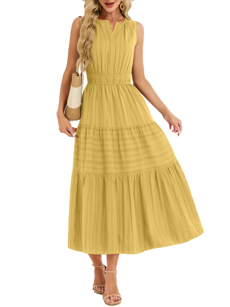 Funlingo Maxi Dresses for Women 2026 Comfortable Sleevess A Line Yellow Tiered Formal Wedding Guest Dress with Elastic Waist for Teachers Beach Cruise Church M - Image 5
