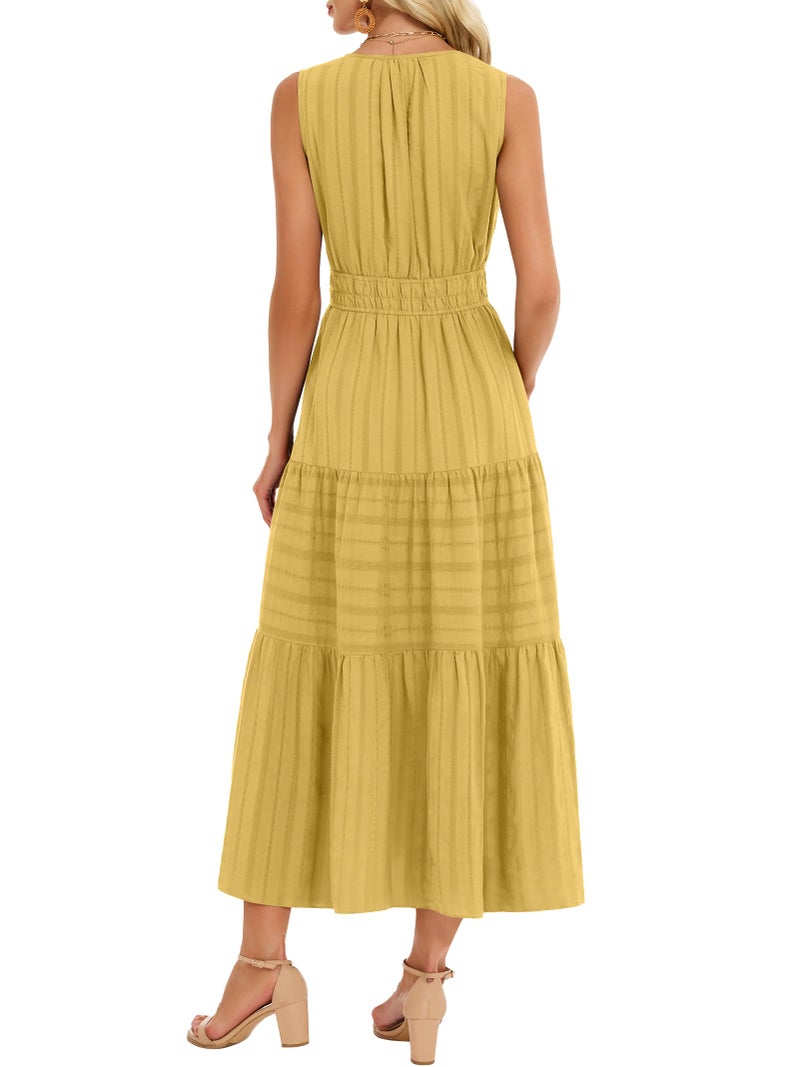 Funlingo Maxi Dresses for Women 2026 Comfortable Sleevess A Line Yellow Tiered Formal Wedding Guest Dress with Elastic Waist for Teachers Beach Cruise Church M - Image 4