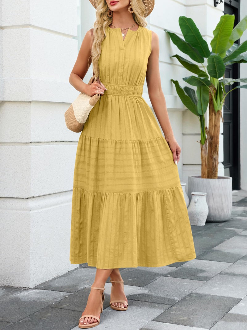 Funlingo Maxi Dresses for Women 2026 Comfortable Sleevess A Line Yellow Tiered Formal Wedding Guest Dress with Elastic Waist for Teachers Beach Cruise Church M - Image 3