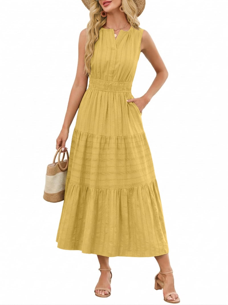 Funlingo Maxi Dresses for Women 2026 Comfortable Sleevess A Line Yellow Tiered Formal Wedding Guest Dress with Elastic Waist for Teachers Beach Cruise Church M - Image 1