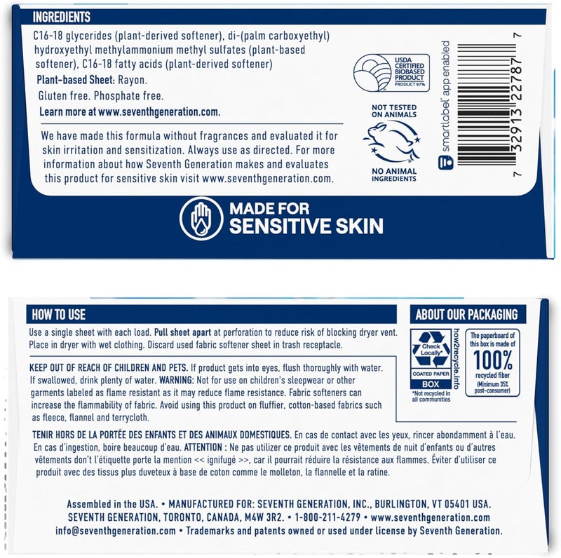 Seventh Generation Free & Clear Fabric Softener Sheets, 80 Count - Hypoallergenic and Plant-Based - Image 2