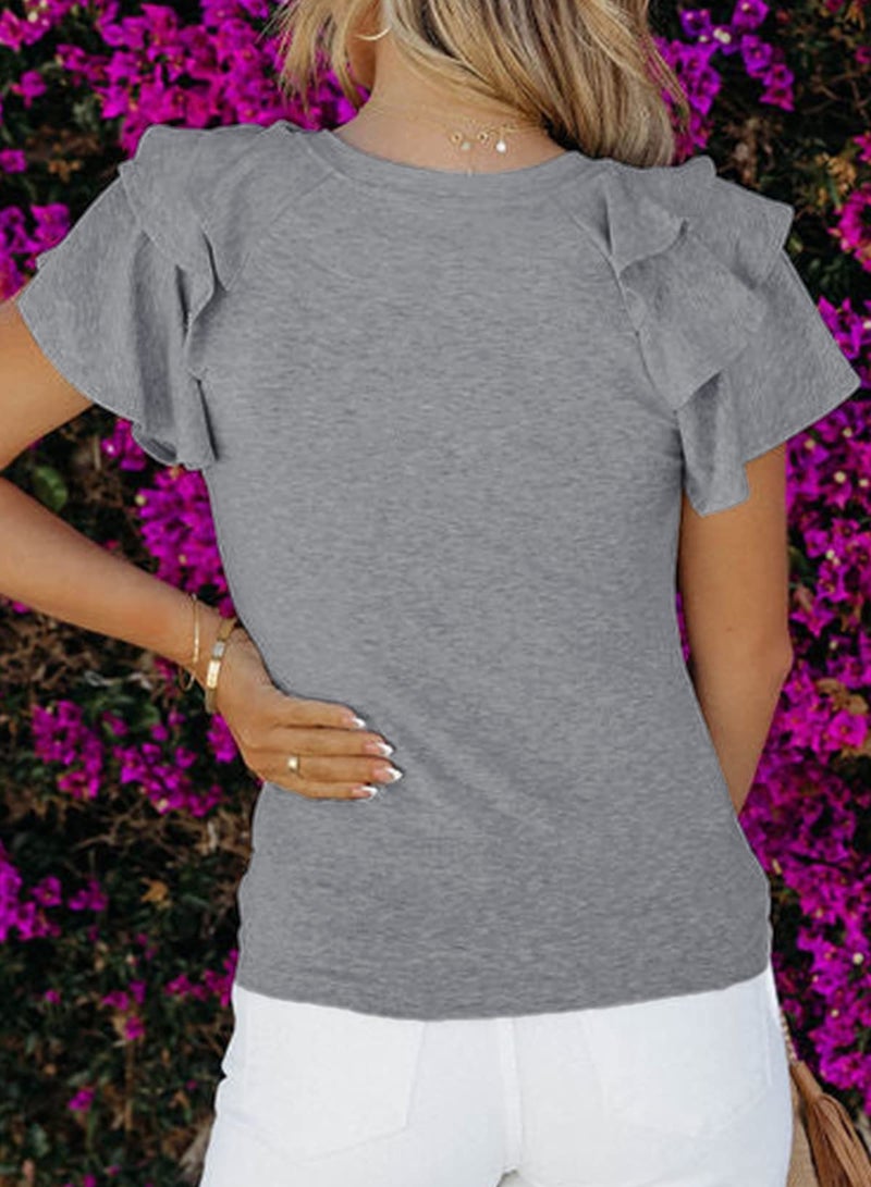 Shein قمصان صيفية للنساء من SHEWIN 2025 بأكمام قصيرة مزخرفة للنساء بتصميم مريح رمادي M - Image 3