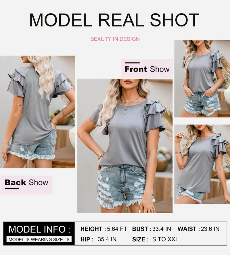 Shein قمصان صيفية للنساء من SHEWIN 2025 بأكمام قصيرة مزخرفة للنساء بتصميم مريح رمادي M - Image 4