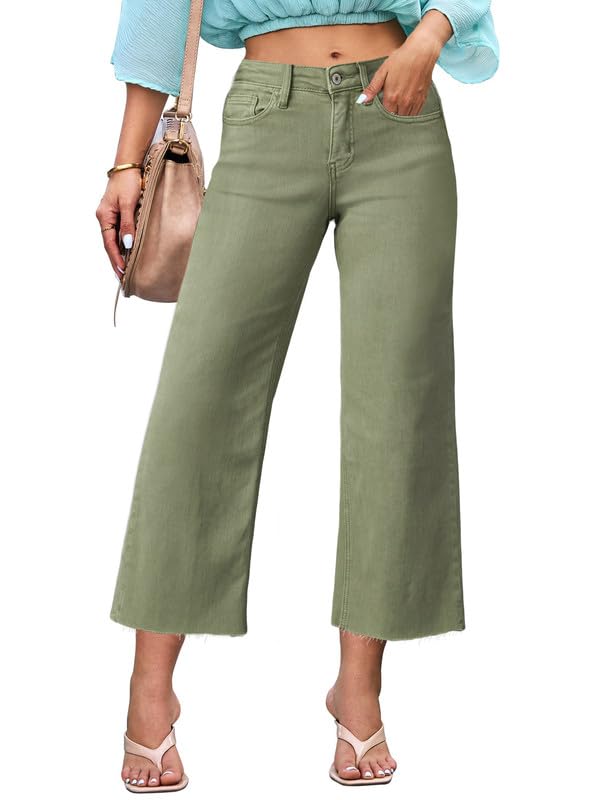 Allimy Women's High Waisted Straight Ankle Wide Leg Ripped Jeans Frayed Hem Stretchy Capri Denim Pants Olive Size 4 - Image 2