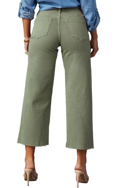 Allimy Women's High Waisted Straight Ankle Wide Leg Ripped Jeans Frayed Hem Stretchy Capri Denim Pants Olive Size 4 - Image 4