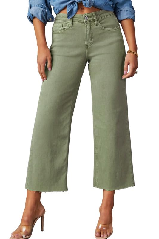 Allimy Women's High Waisted Straight Ankle Wide Leg Ripped Jeans Frayed Hem Stretchy Capri Denim Pants Olive Size 4 - Image 3