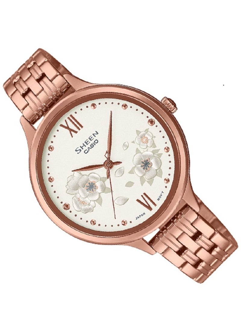 CASIO - Casio Women Watch Sheen Analog White Dial Stainless Steel Mesh Band Pink Gold Ion Plated Case and Band SHE-4551PG-7AUDF - Image 1