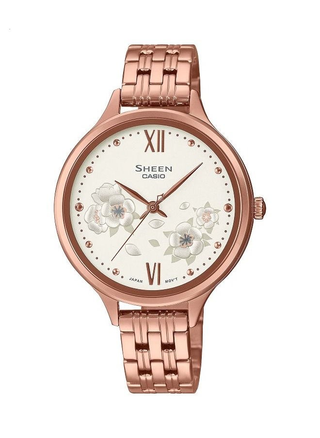 CASIO - Casio Women Watch Sheen Analog White Dial Stainless Steel Mesh Band Pink Gold Ion Plated Case and Band SHE-4551PG-7AUDF - Image 1