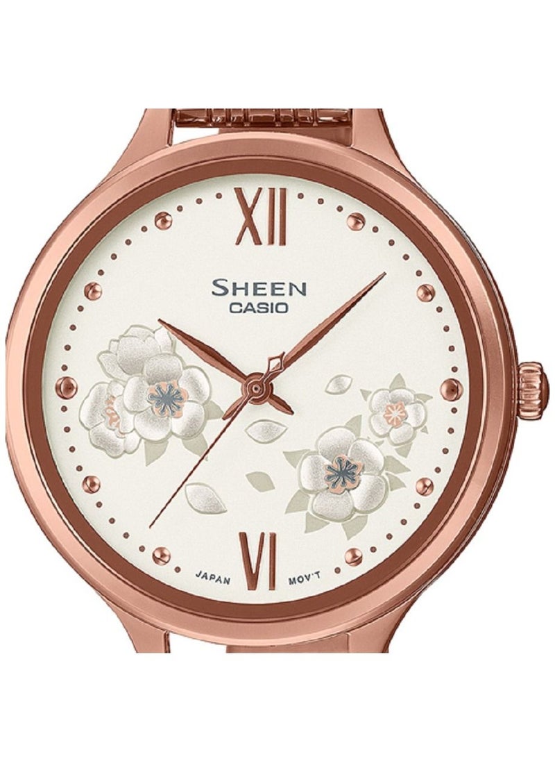 CASIO - Casio Women Watch Sheen Analog White Dial Stainless Steel Mesh Band Pink Gold Ion Plated Case and Band SHE-4551PG-7AUDF - Image 1