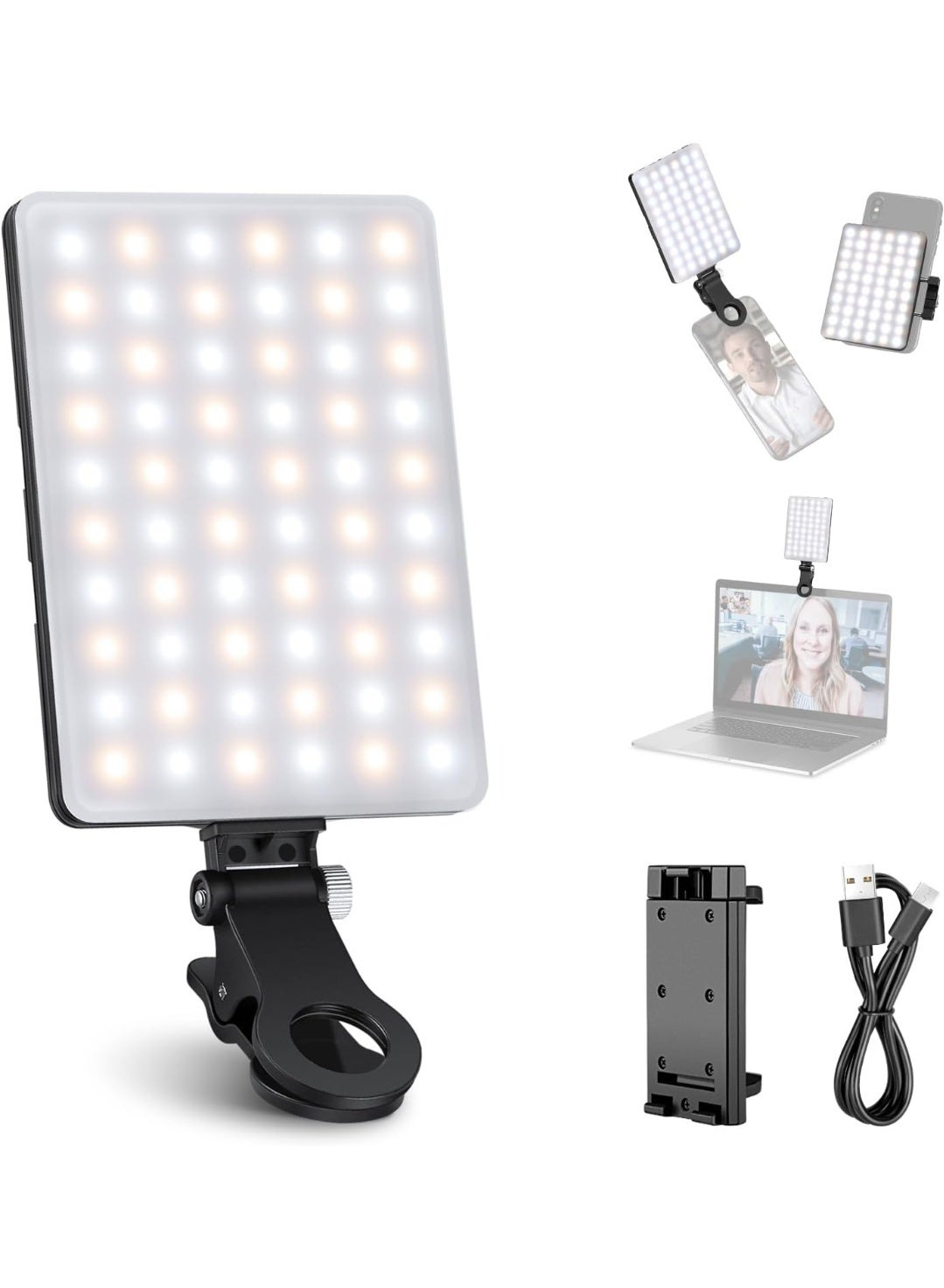 NEEWER NL-60AI Selfie Light with Front and Back Clip, 60 LED 2000mAh Rechargeable Portable Phone Light for Video Calls, TikTok, Live Streaming, Laptop, and Makeup with 3 Light Modes and CRI 95+