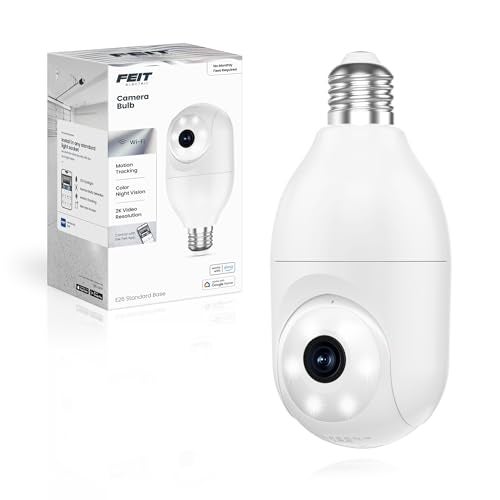 Feit Electric Smart Security Camera Bulb, 2K QHD Resolution, 2-Way Audio, Human Tracking, 350° Pan, Night Vision, Motion Alerts, E26 Base, Alexa/Google Assistant Compatible, CAM/PAN/WIFI/E26/2K - Image 1